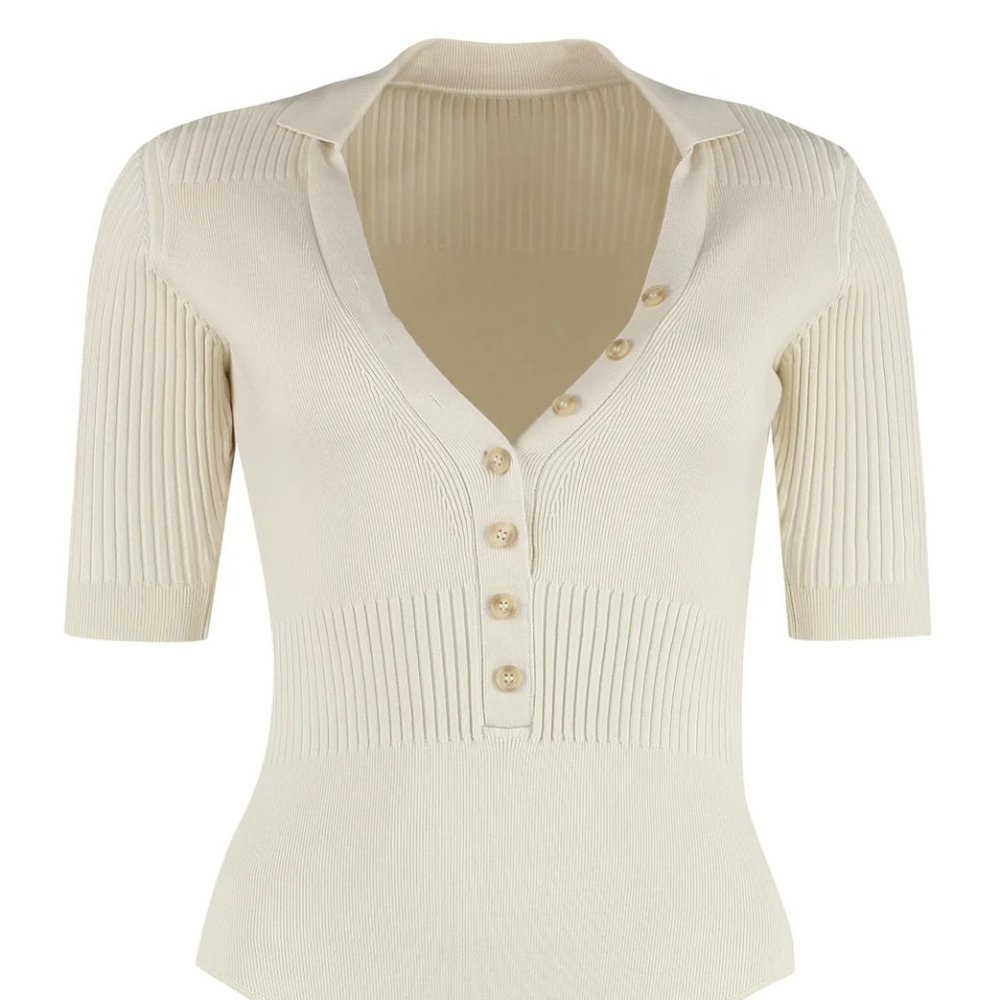 Jacquemus Cream Ribbed Button-Front Short Sleeve Bodysuit